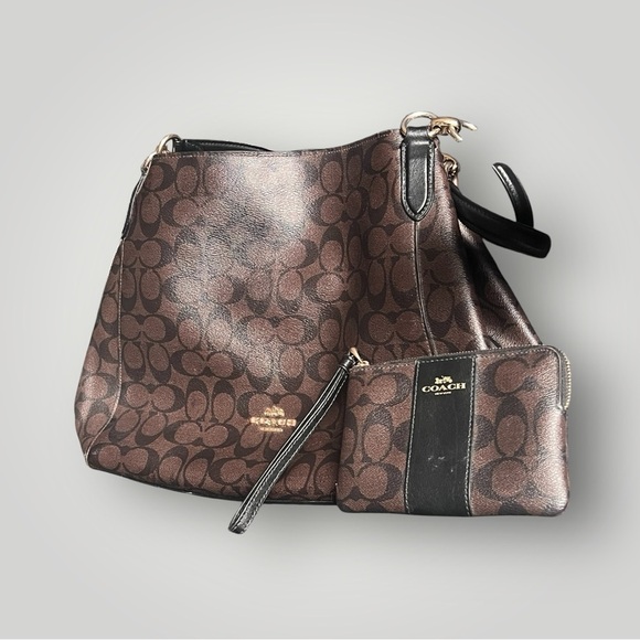 Coach Handbags - Coach Hallie Shoulder Bag In Signature Canvas Brown / Black F80298 & Wallet